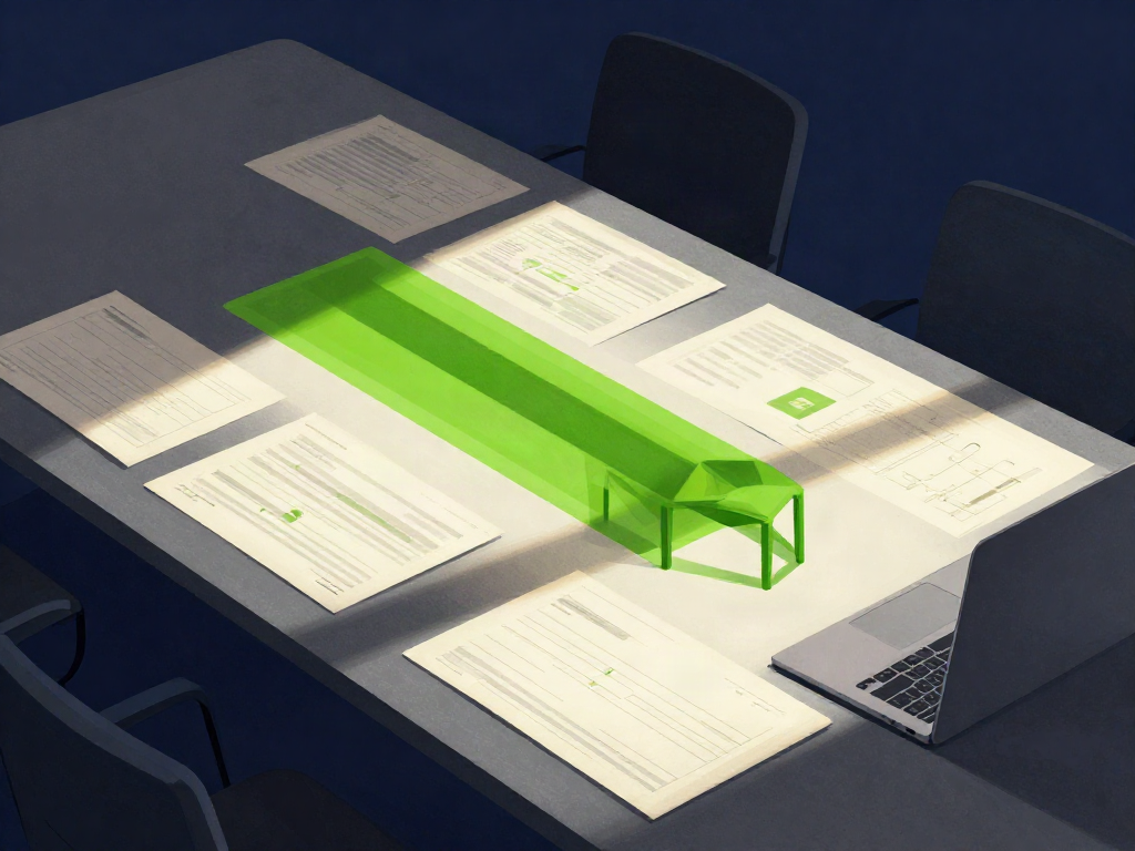 Abstract overhead view of a strategy review room with charts and data visualizations